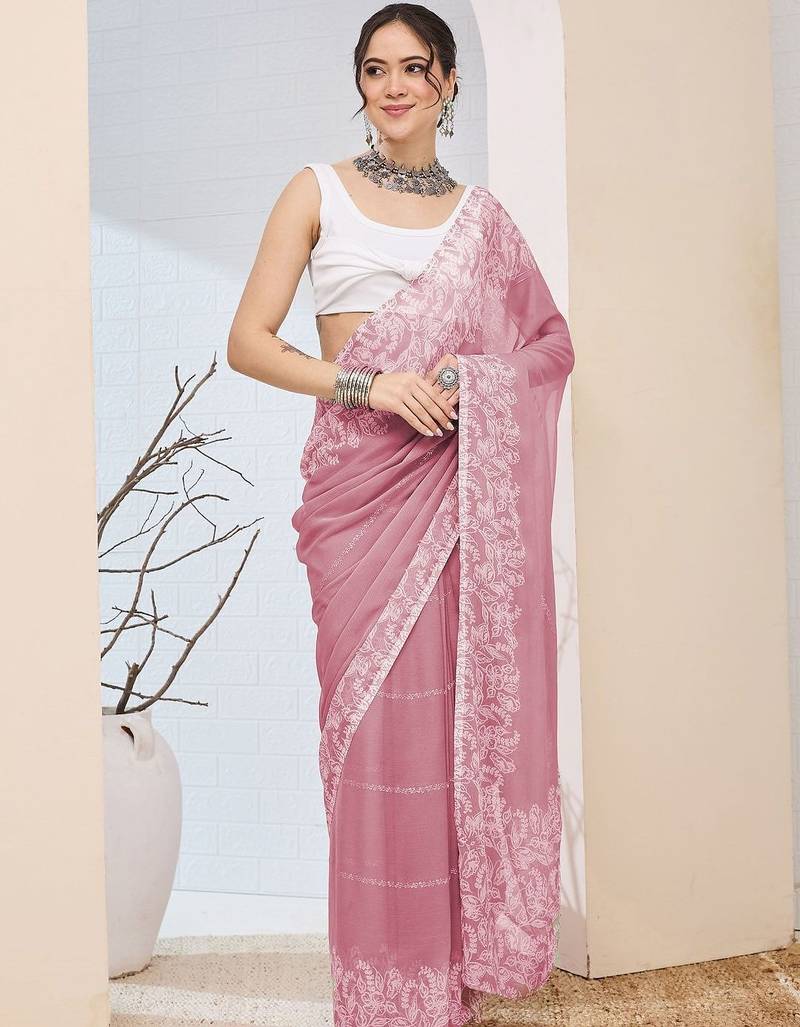 floral zari printed  chiffon ready to wear saree