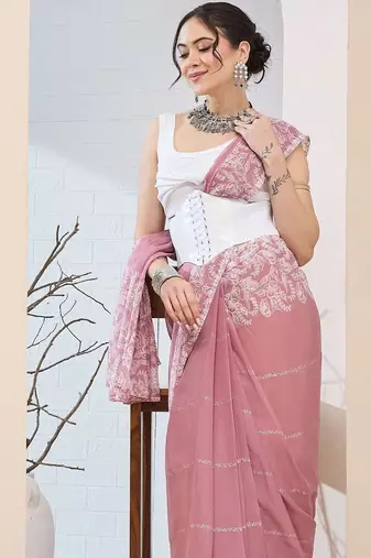 floral zari printed  chiffon ready to wear saree