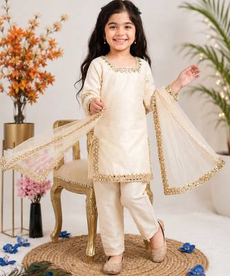 White fendi silk rich real mirror lace  work for girls kids dress set 1