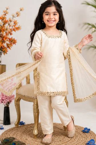 White fendi silk rich real mirror lace  work for girls kids dress set