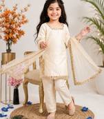 White fendi silk rich real mirror lace  work for girls kids dress set