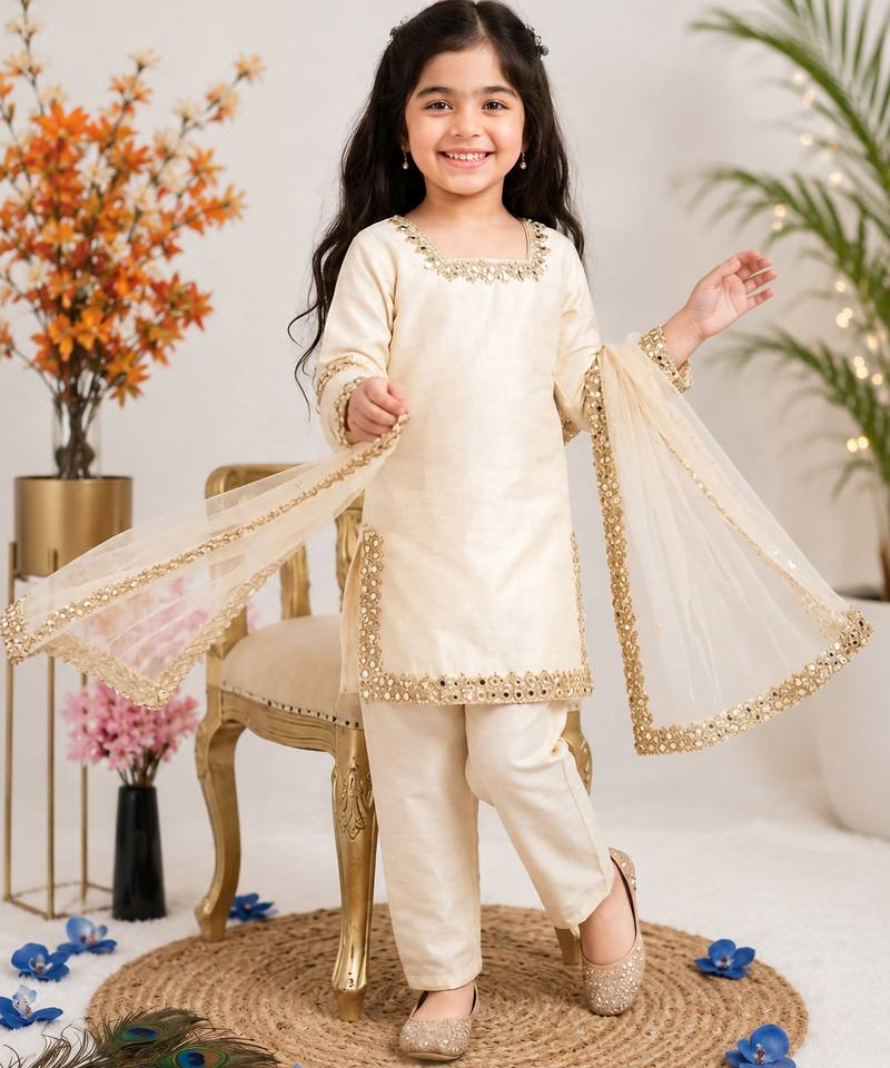 White fendi silk rich real mirror lace  work for girls kids dress set