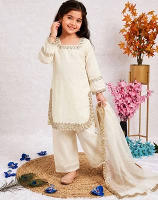 White fendi silk rich real mirror lace  work for girls kids dress set 2