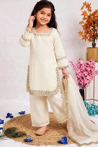 White fendi silk rich real mirror lace  work for girls kids dress set