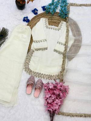 White fendi silk rich real mirror lace  work for girls kids dress set 3