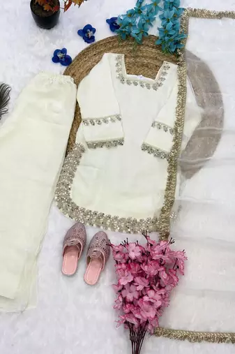 White fendi silk rich real mirror lace  work for girls kids dress set