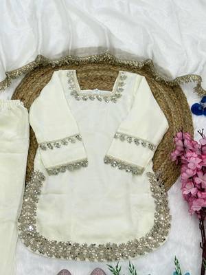 White fendi silk rich real mirror lace  work for girls kids dress set 4