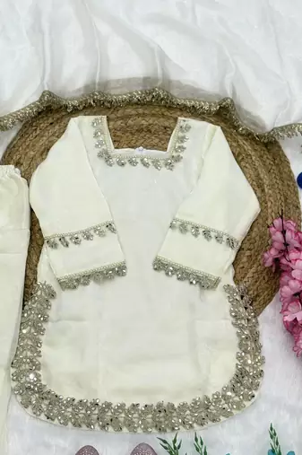 White fendi silk rich real mirror lace  work for girls kids dress set
