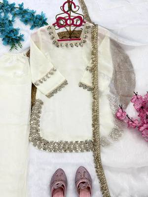 White fendi silk rich real mirror lace  work for girls kids dress set 5