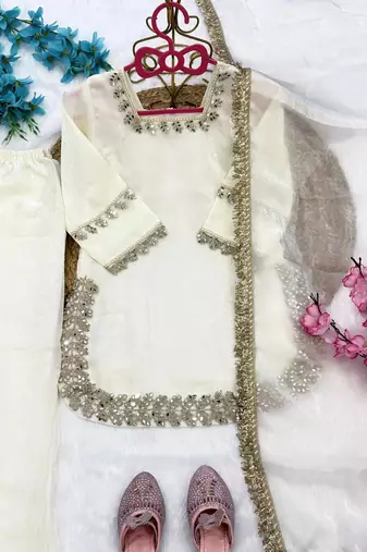 White fendi silk rich real mirror lace  work for girls kids dress set