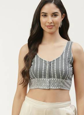Grey cotton embroidered non padded blouse 1