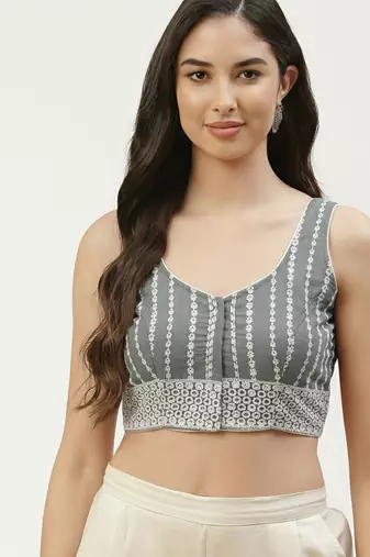 Grey cotton embroidered non padded blouse