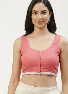 Pink cotton solid with lace trim non padded blouse 1
