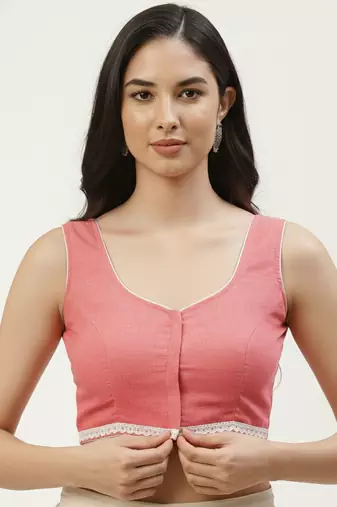 Pink cotton solid with lace trim non padded blouse