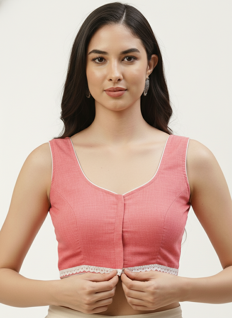 Pink cotton solid with lace trim non padded blouse