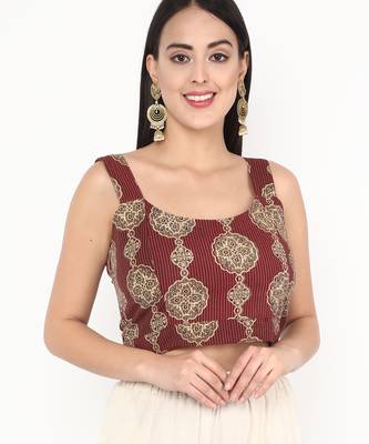 Maroon cotton ajrak printed non padded blouse 1