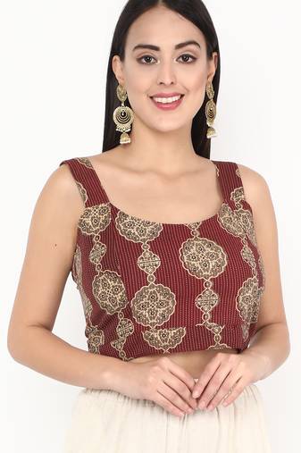 Maroon cotton ajrak printed non padded blouse