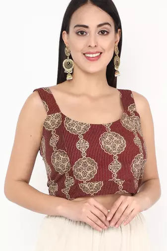 Maroon cotton ajrak printed non padded blouse