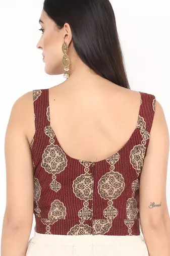 Maroon cotton ajrak printed non padded blouse