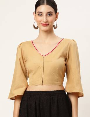 Beige cotton solid non padded blouse 1