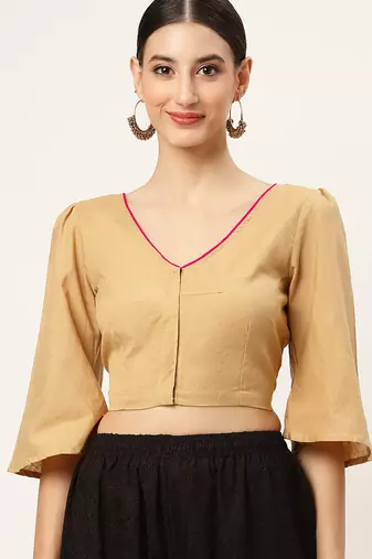 Beige cotton solid non padded blouse