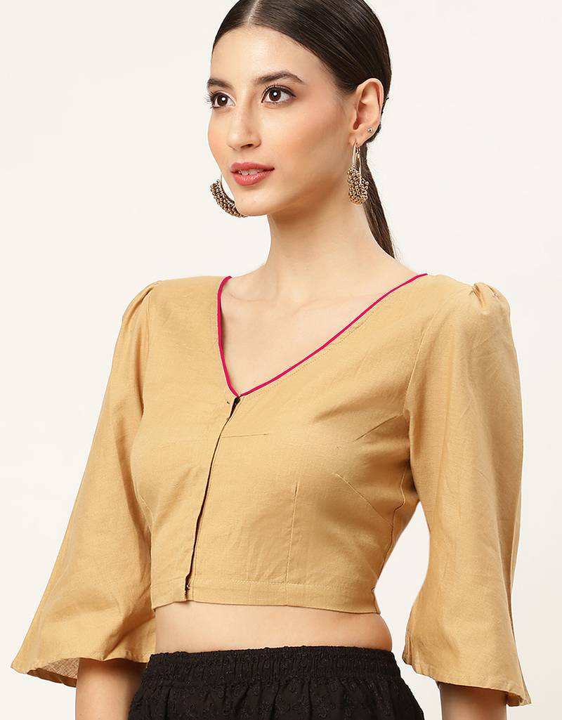 Beige cotton solid non padded blouse