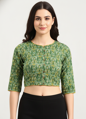 Green cotton sanganeri printed non padded blouse 1