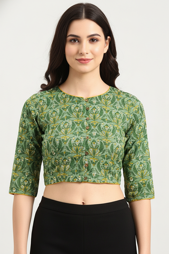 Green cotton sanganeri printed non padded blouse