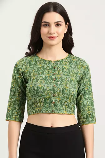 Green cotton sanganeri printed non padded blouse