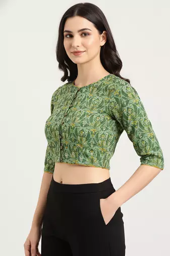 Green cotton sanganeri printed non padded blouse