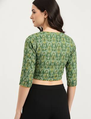 Green cotton sanganeri printed non padded blouse 3