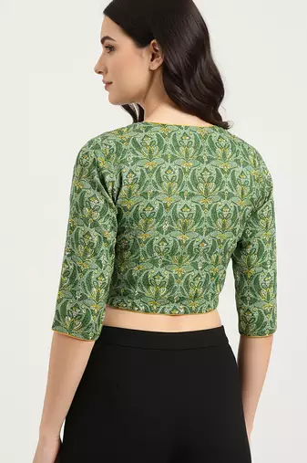 Green cotton sanganeri printed non padded blouse