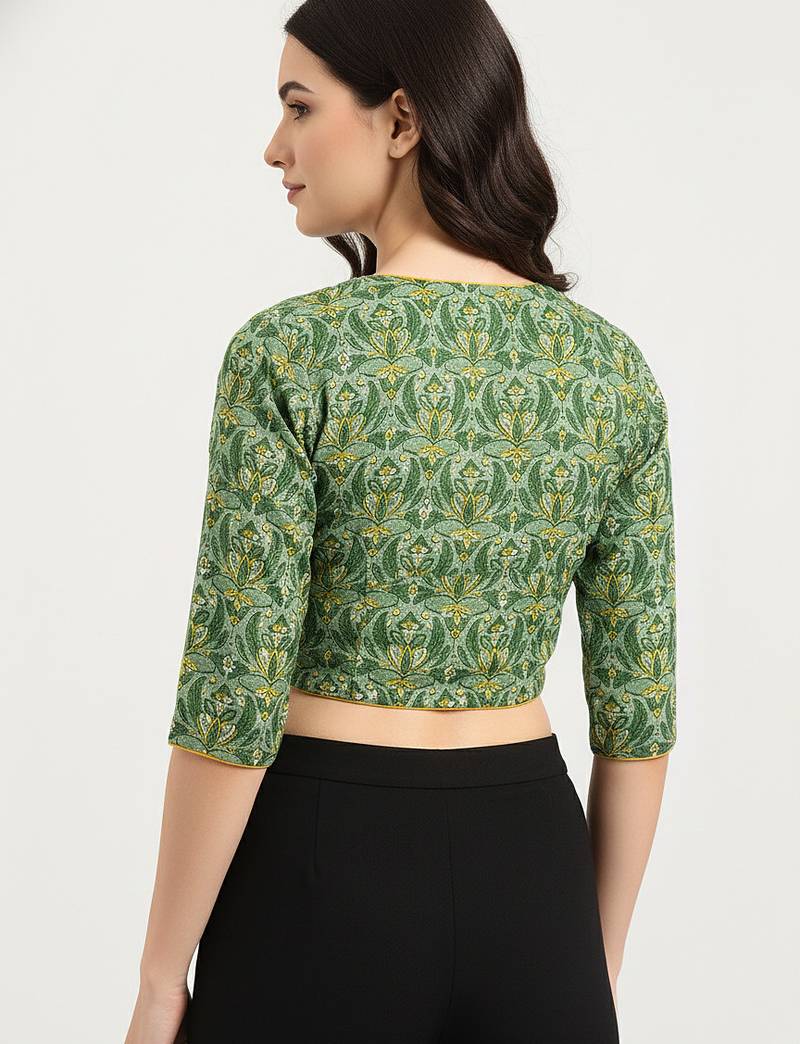 Green cotton sanganeri printed non padded blouse