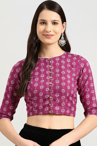 Pink cotton sanganeri printed non padded blouse