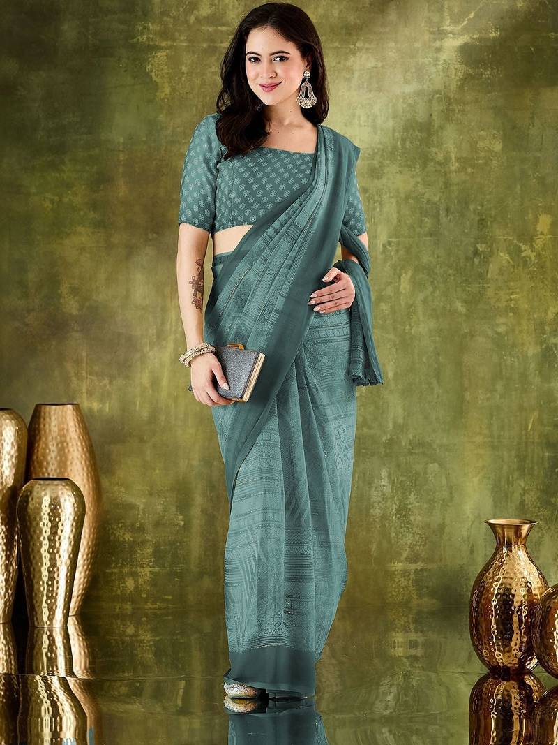 floral zari printed  chiffon ready to wear saree