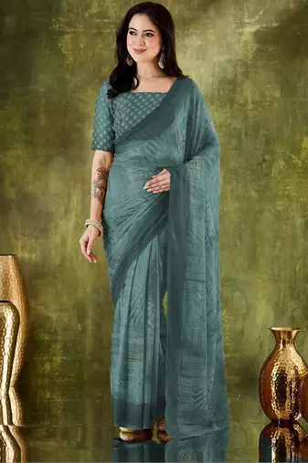 floral zari printed  chiffon ready to wear saree
