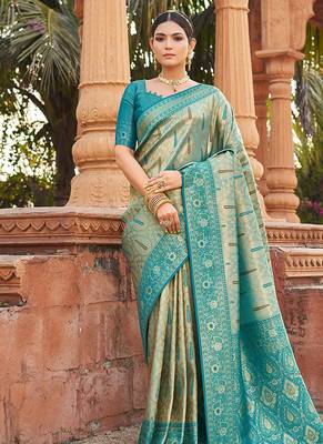 Women's turquoise soft banarasi silk blend zari woven saree with blouse 1