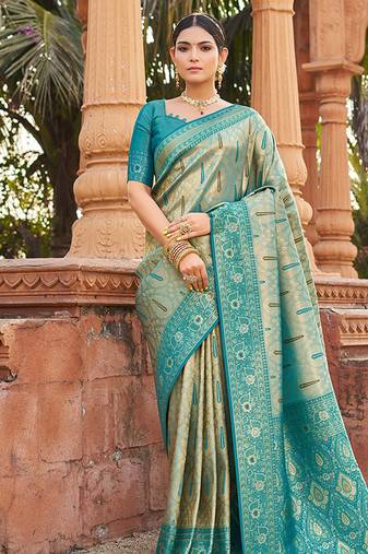 Women's turquoise soft banarasi silk blend zari woven saree with blouse