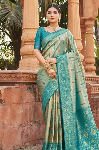 Women's turquoise soft banarasi silk blend zari woven saree with blouse