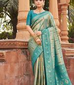 Women's turquoise soft banarasi silk blend zari woven saree with blouse