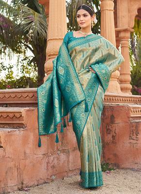 Women's turquoise soft banarasi silk blend zari woven saree with blouse 2