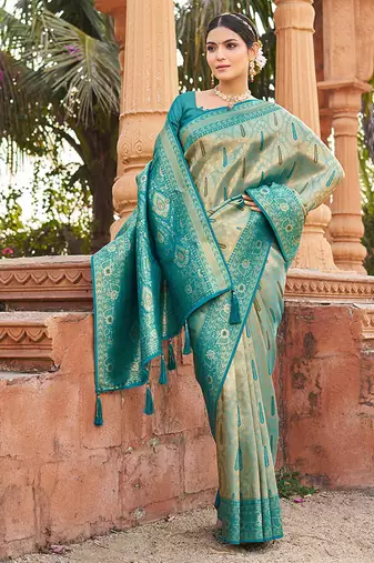 Women's turquoise soft banarasi silk blend zari woven saree with blouse