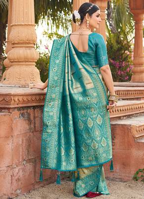 Women's turquoise soft banarasi silk blend zari woven saree with blouse 3