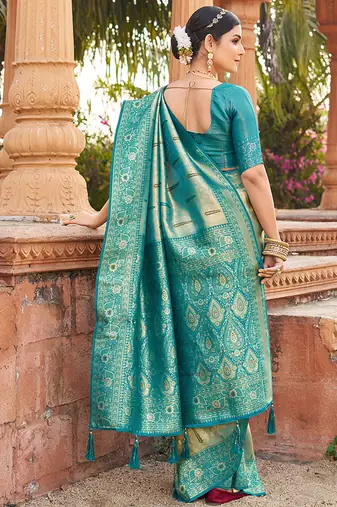 Women's turquoise soft banarasi silk blend zari woven saree with blouse
