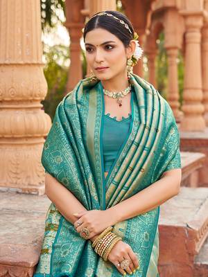 Women's turquoise soft banarasi silk blend zari woven saree with blouse 4