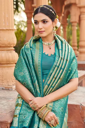Women's turquoise soft banarasi silk blend zari woven saree with blouse
