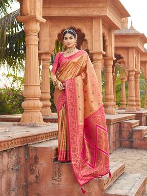 Women's peach soft banarasi silk blend zari woven saree with blouse 1
