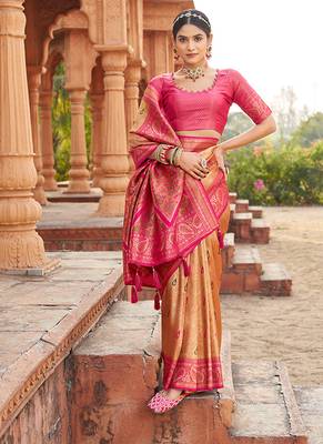 Women's peach soft banarasi silk blend zari woven saree with blouse 2