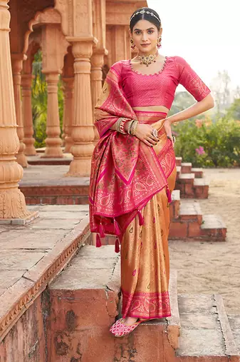 Women's peach soft banarasi silk blend zari woven saree with blouse