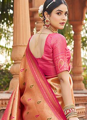 Women's peach soft banarasi silk blend zari woven saree with blouse 3